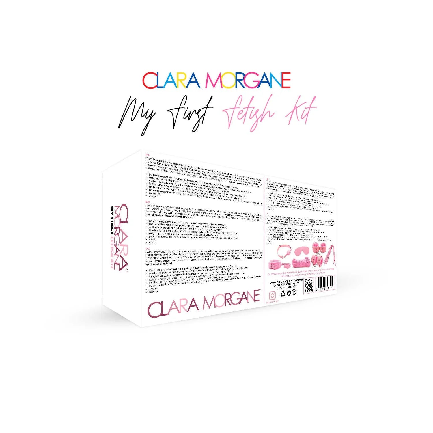 Coffret BDSM débutants rose Clara Morgane avec martinet, menottes, bâillon, laisse, masque, corde douce et réglable.