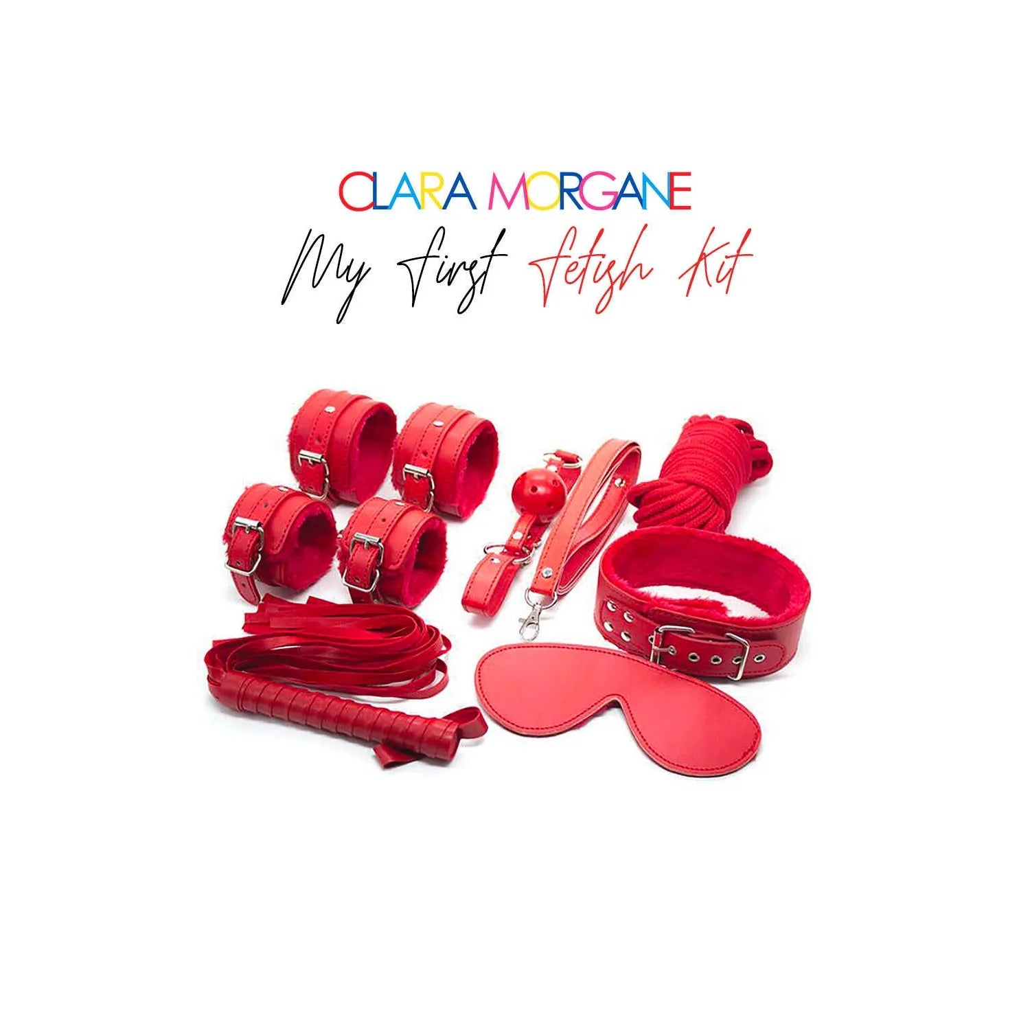 Coffret BDSM débutant rouge Clara Morgane avec menottes, collier, fouet, corde, bâillon, masque, accessoires élégants.