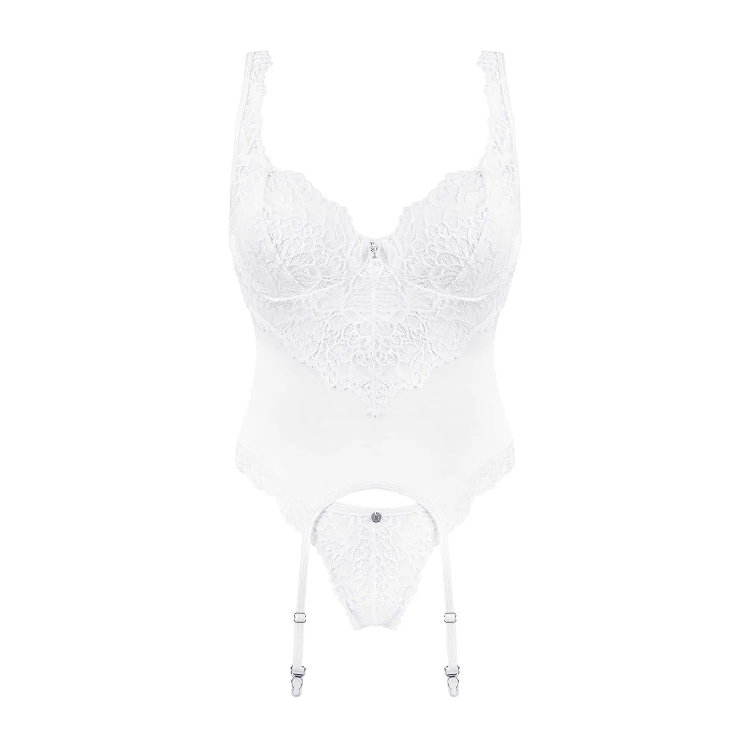 Corset string blanc dentelle sexy avec armatures, bretelles et jarretelles réglables, fermeture dos ajustable.