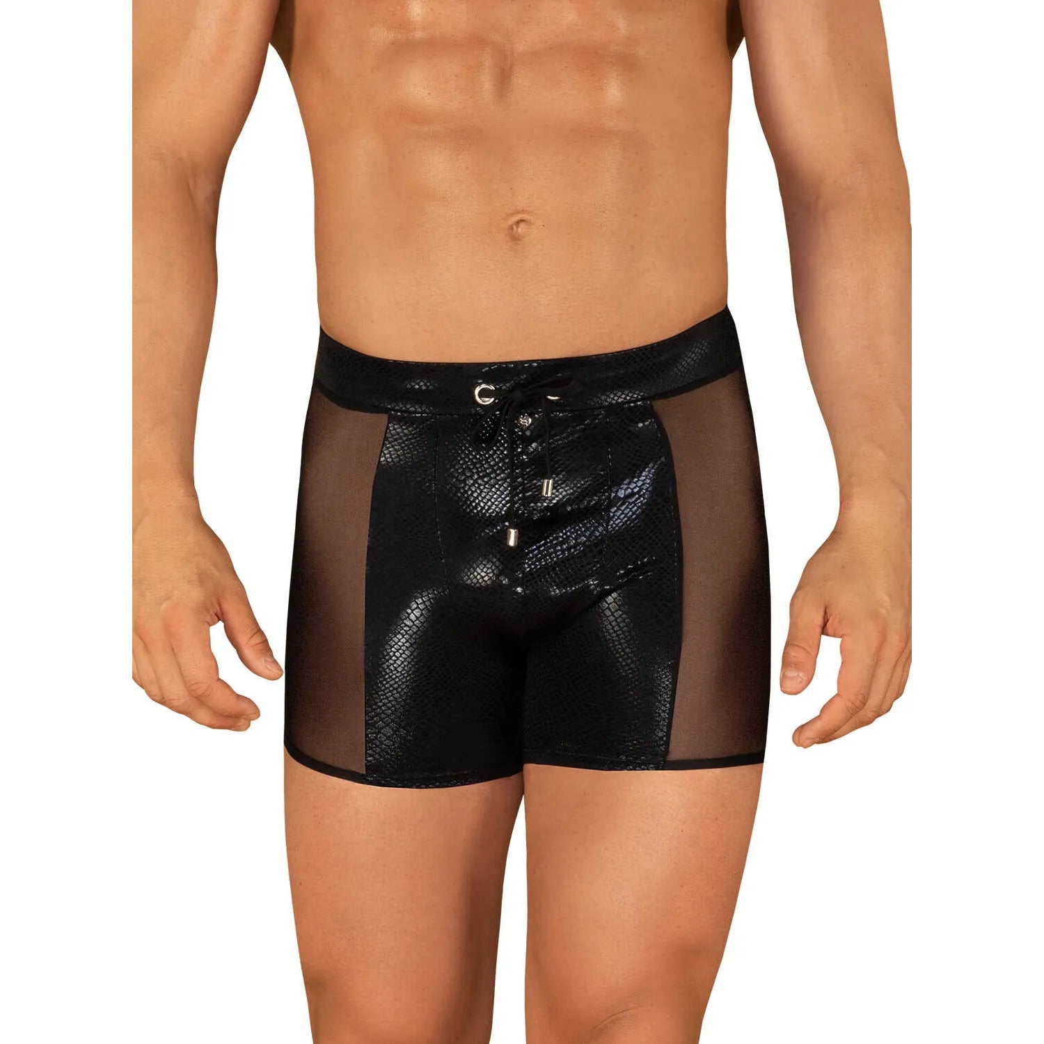 short de bain homme noir sexy matière translucide ajustement parfait