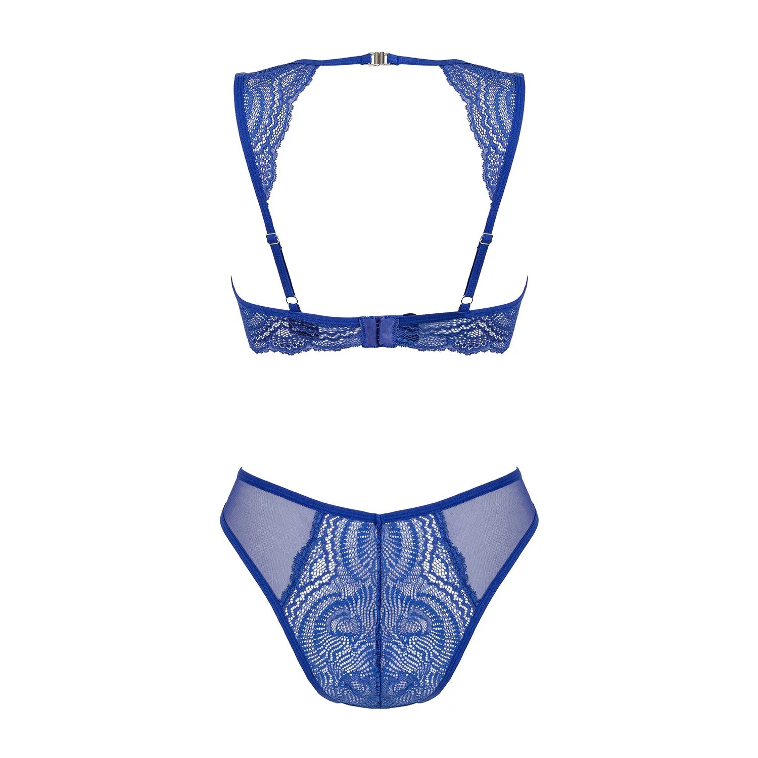 Ensemble lingerie bleu profond, dentelle, taille haute, décolleté, bretelles réglables, bijou pendentif, élégant et sexy.