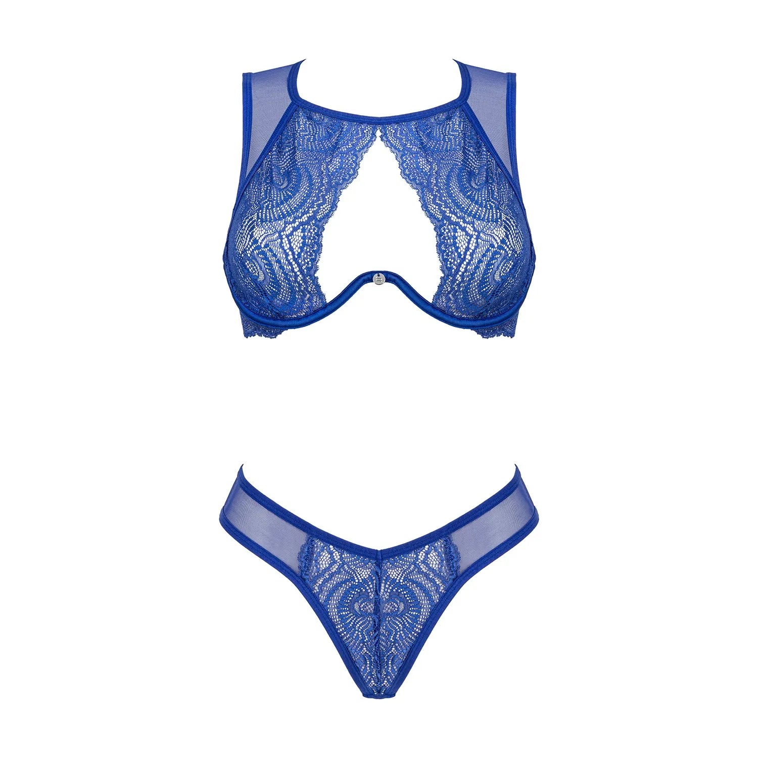 Ensemble lingerie bleu profond Giselia, dentelle décolleté, taille haute, armatures, bretelles réglables, bijou central.