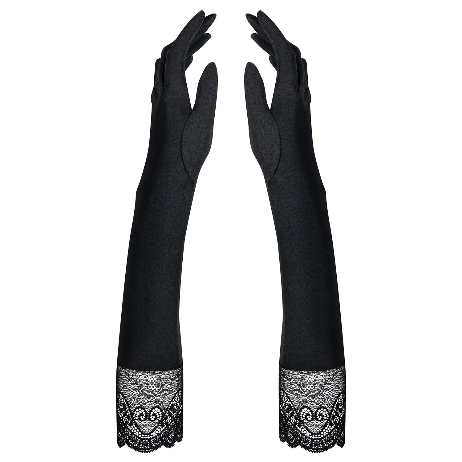 Gants longs satinés noirs avec dentelle fine et pierres scintillantes, élégants pour cérémonie ou soirée.