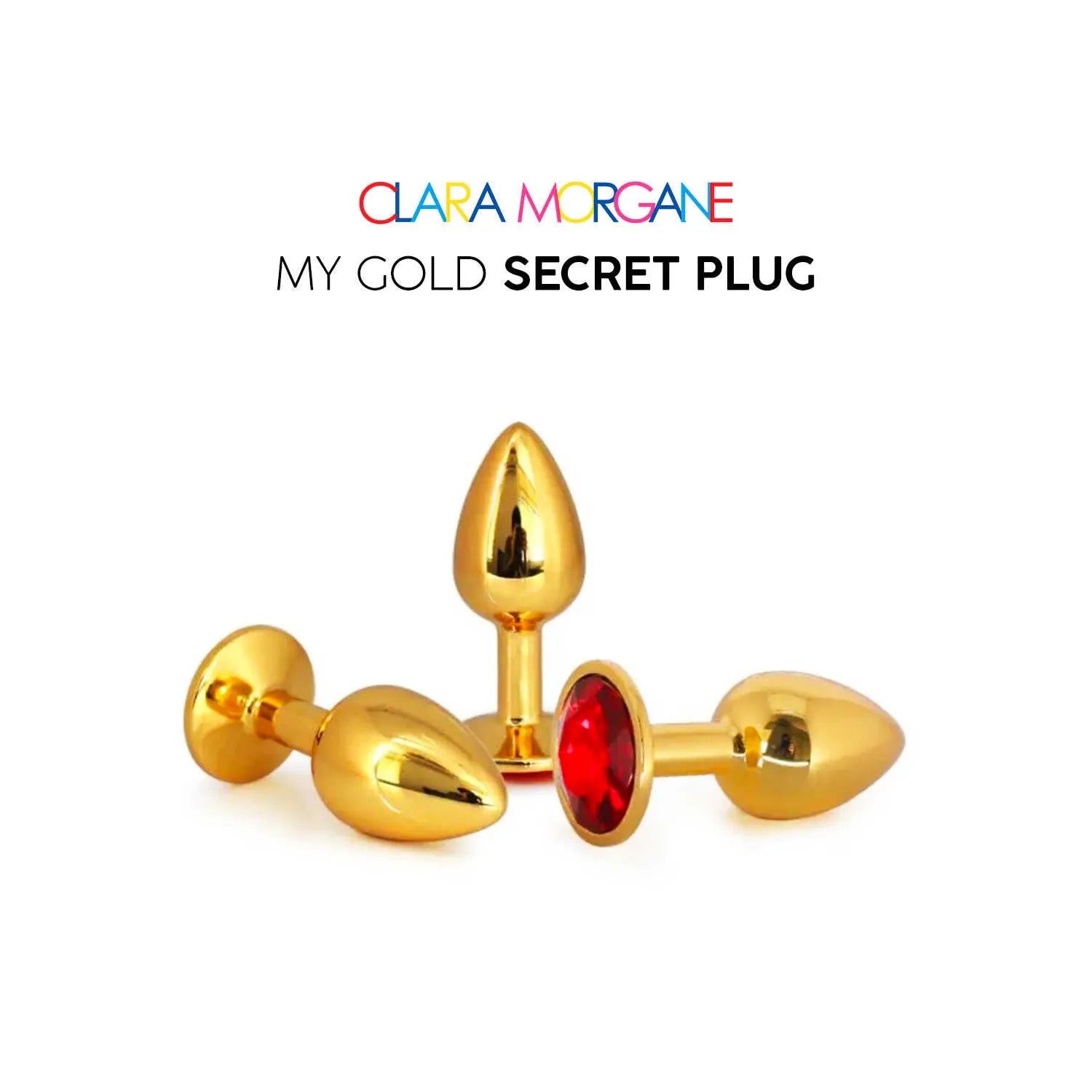 Plug anal en aluminium doré avec bijou rouge, design ergonomique, tailles variées, finition luxueuse et discrète.