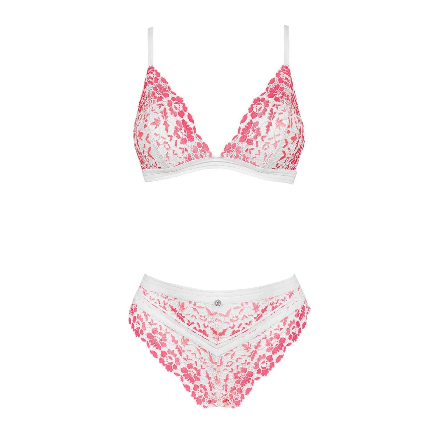 Ensemble lingerie dentelle rose fleuri, soutien-gorge triangulaire, culotte taille haute, bretelles réglables.