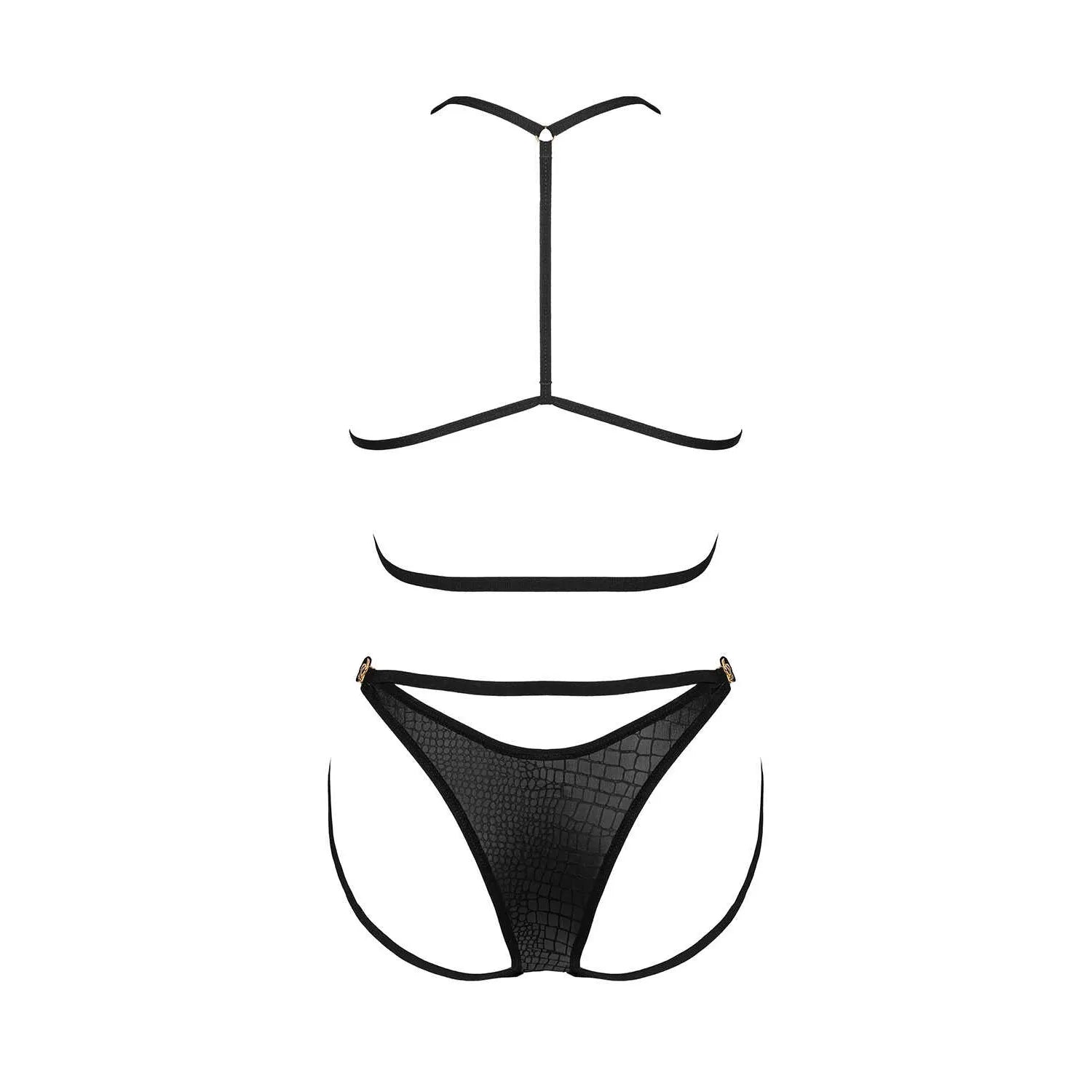 Ensemble lingerie noir imprimé animalier, bretelles réglables, bonnets triangulaires asymétriques, style audacieux.