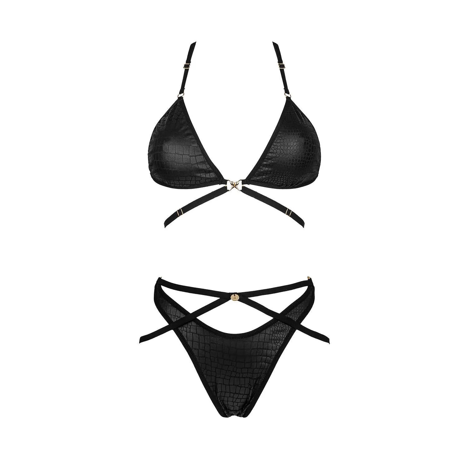Ensemble lingerie noir imprimé animalier Cobra Nive, bretelles réglables, bonnets triangulaires asymétriques.