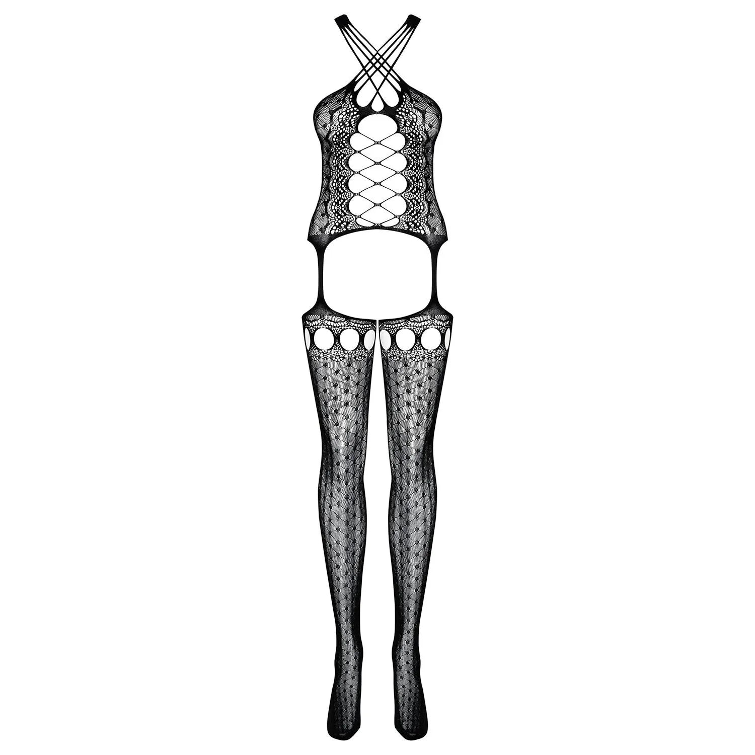 Combinaison lingerie noire résille motifs géométriques, effet guêpière, bretelles croisées, laçage ajouré, élégante.