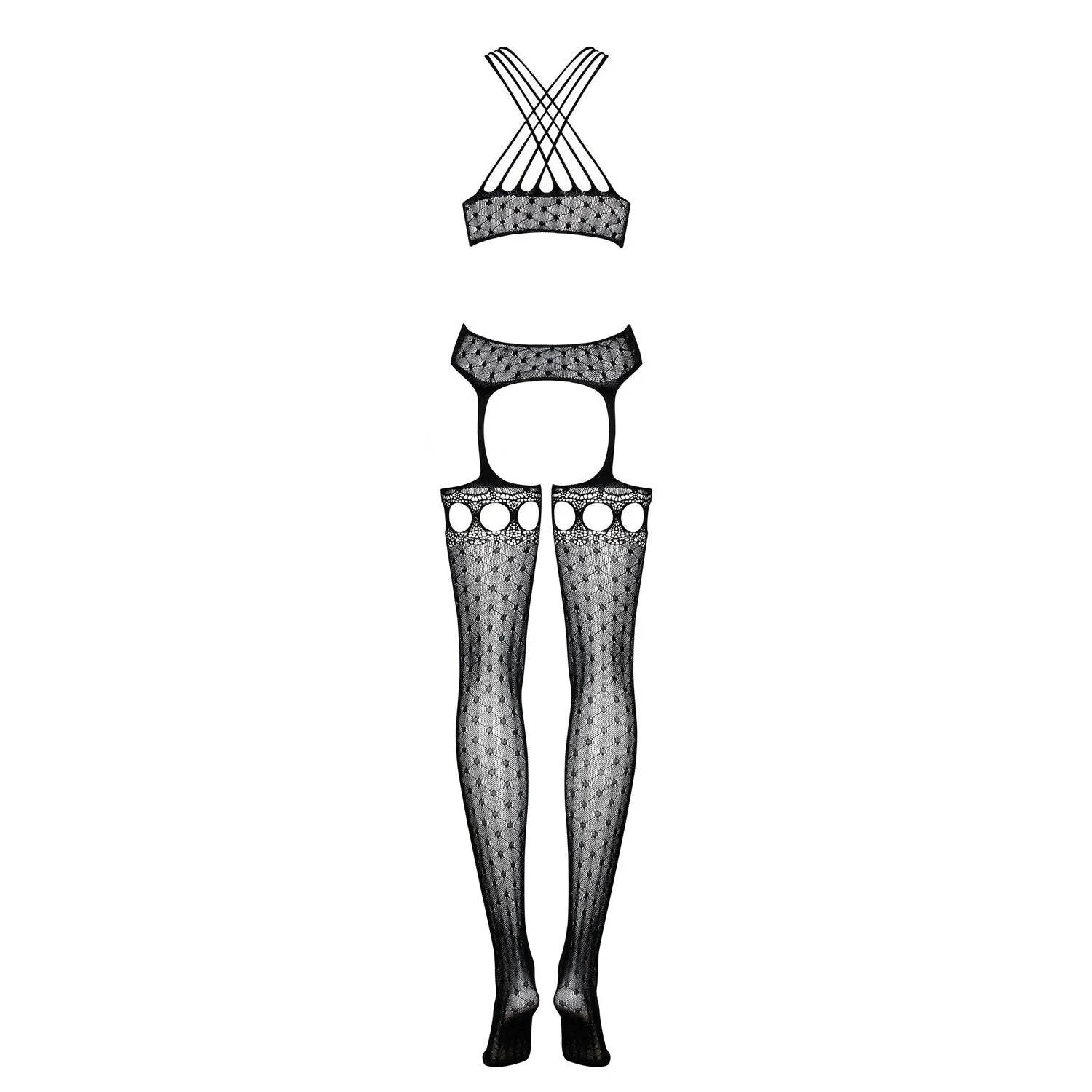 Combinaison lingerie noire résille motifs géométriques, effet guêpière, bretelles croisées, laçage ajouré, moulante.