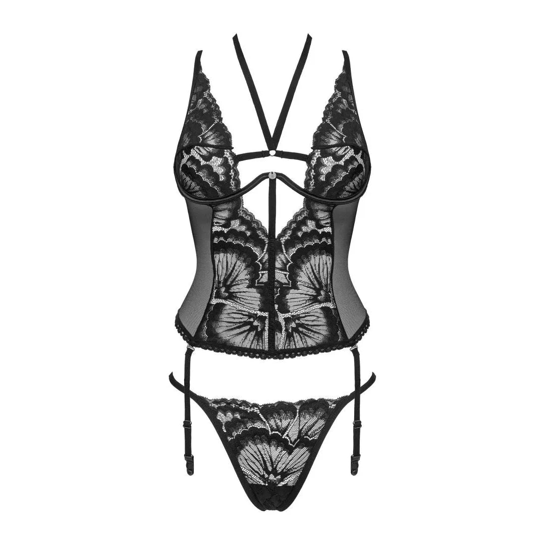 Corset noir Alessya en dentelle élégante, soutien-gorge armatures, laçage et bretelles réglables, porte-jarretelles inclus.