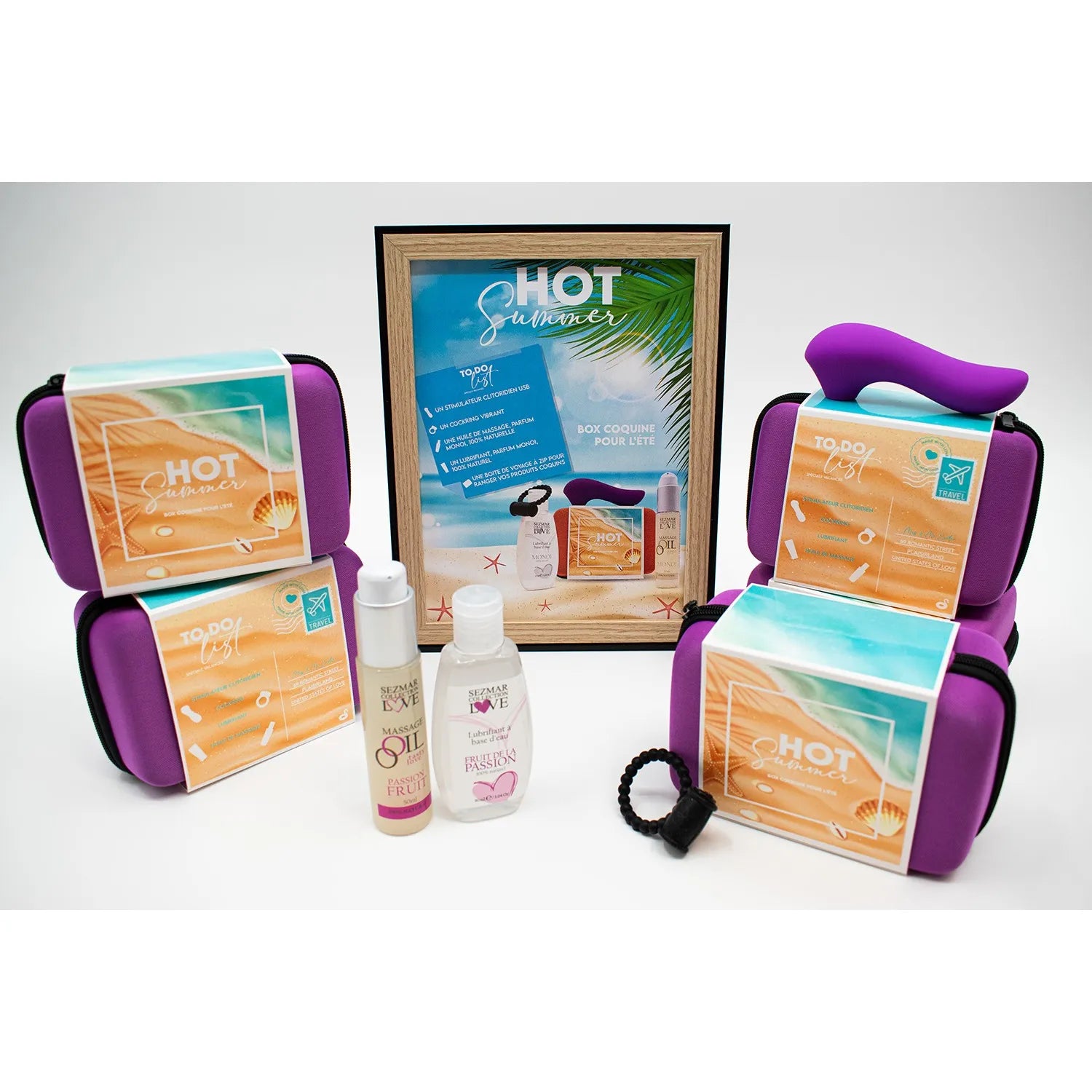 boîte couple été passion stimulateur clitoridien vibrant anneau silicone ABS huile massage naturelle lubrifiant hydrosoluble parfum exotique édition limitée nomade