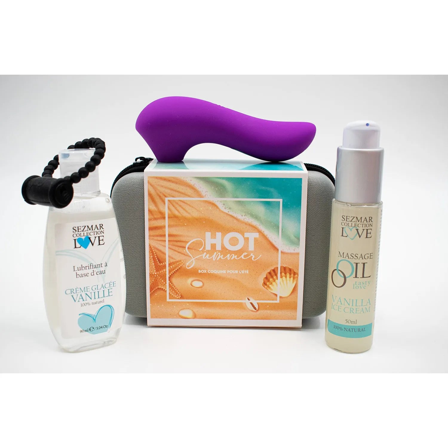 Coffret estival Hot Summer avec huile de massage vanille, lubrifiant naturel, et stimulateur vibrant violet compact.