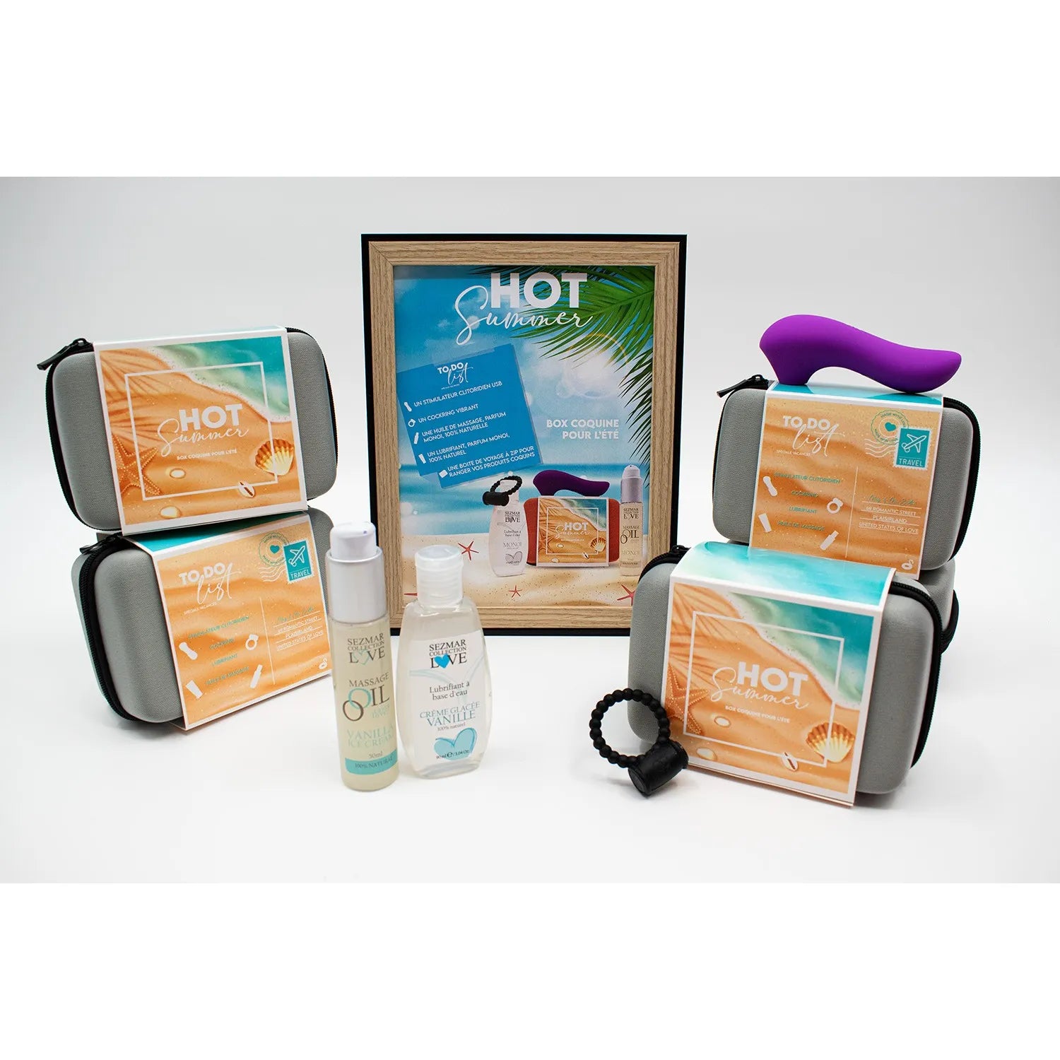 coffret estival couples sensations intenses vanille parfumée stimulations massage huile lubrifiant naturel silicone vibrant rechargeable compact nomade édition limitée