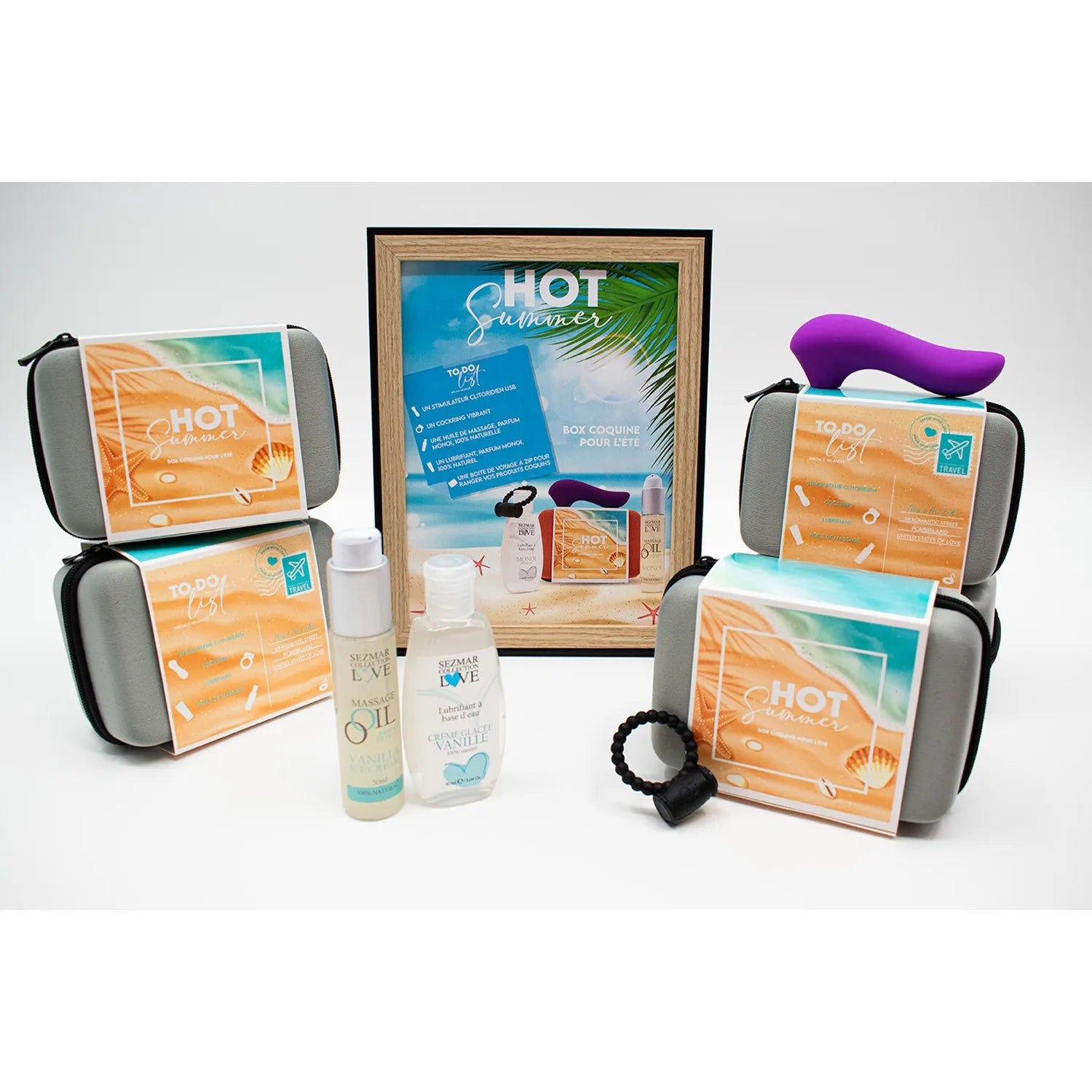 Coffret estival vanille, huiles, lubrifiant naturel, stimulateur vibrant violet, édition limitée Hot Summer.