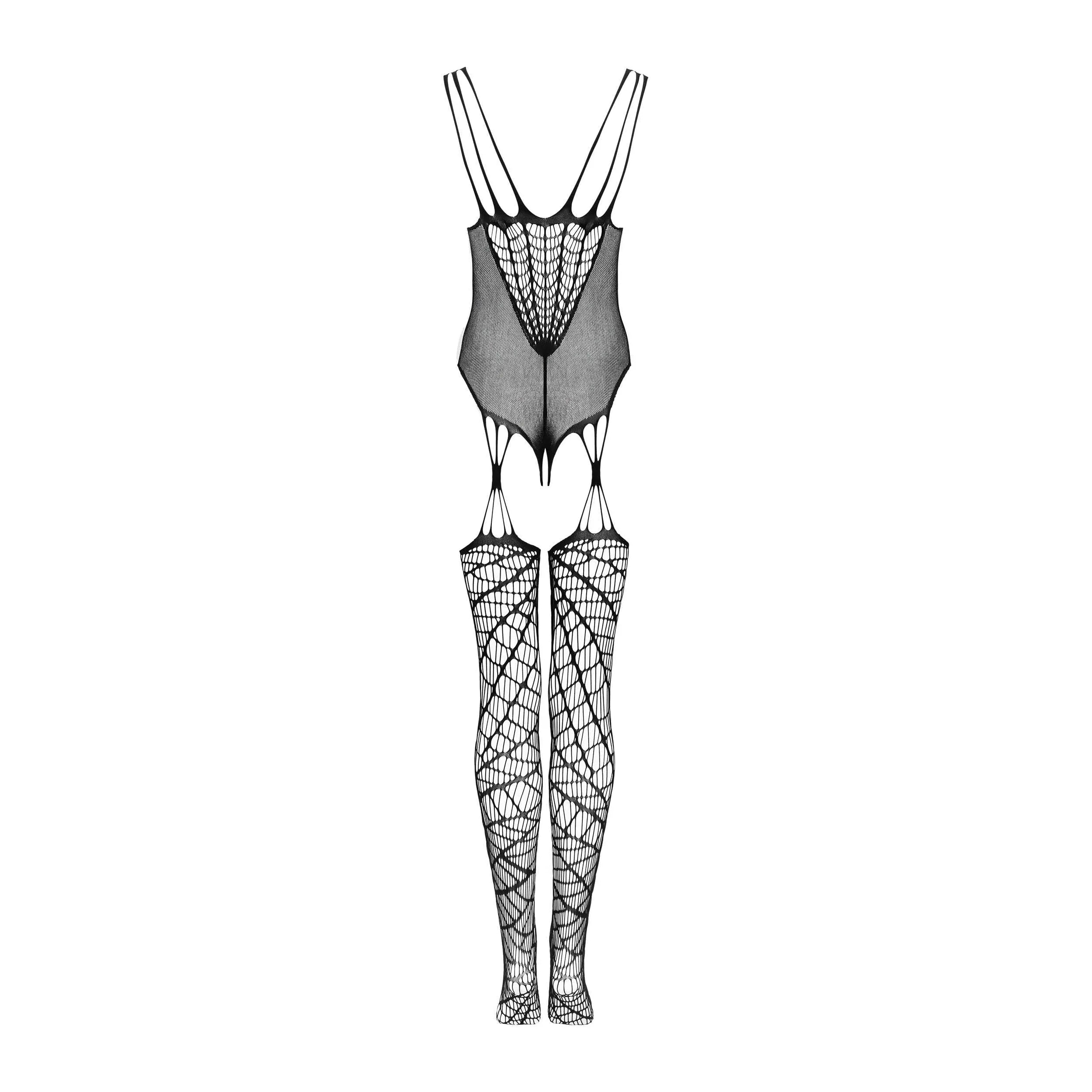 Combinaison noire transparente en résille géométrique, décolleté plongeant, bretelles fines, design sexy et moulant.