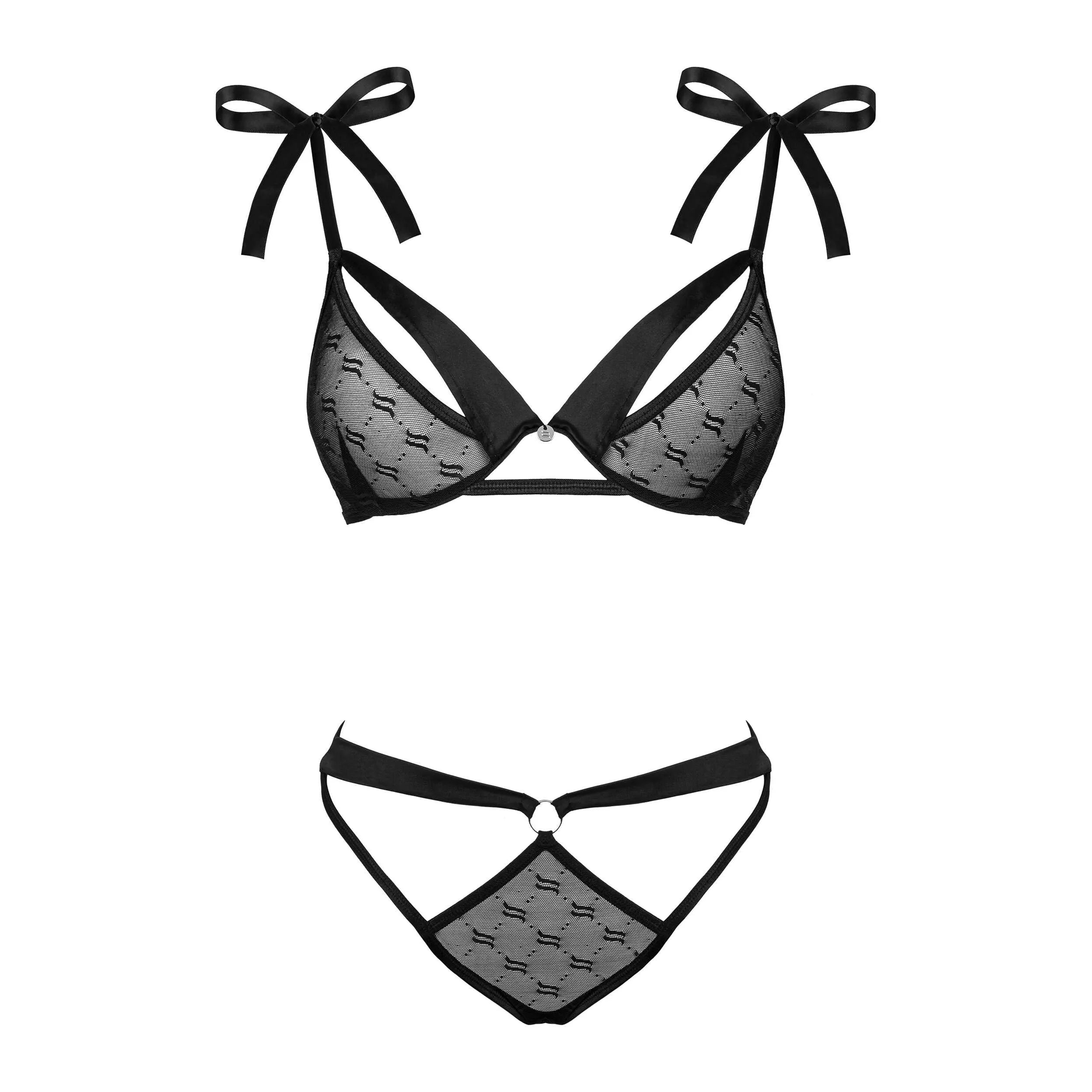 Ensemble lingerie noir satin avec soutien-gorge à armatures et culotte, design élégant et séduisant Obsessivia.