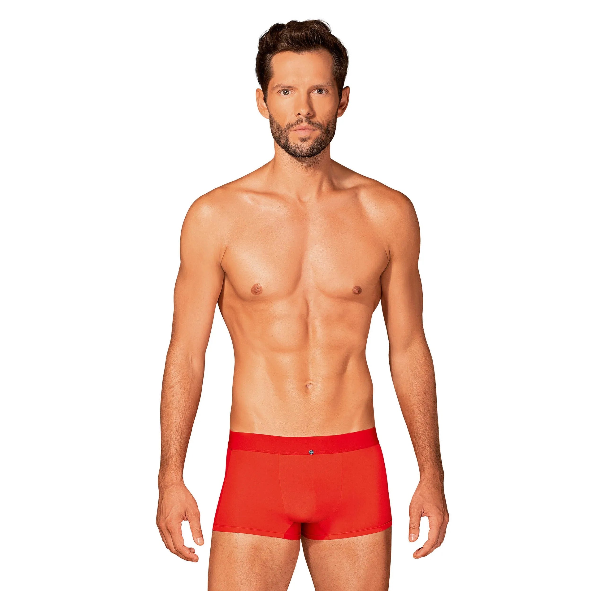 Boxer rouge Boldero homme, maille translucide, coupe classique, pendentif argent, confort extensible, style élégant.