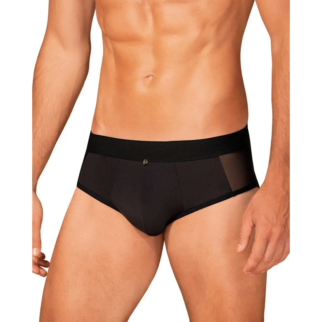 Slip homme noir Boldero, coupe classique, maille transparente, pendentif argent, élégant et confortable.
