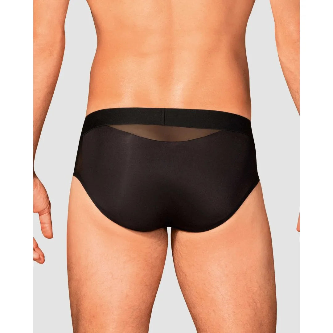 Slip homme noir Boldero, coupe classique, maille transparente, pendentif argent, élégant et confortable.