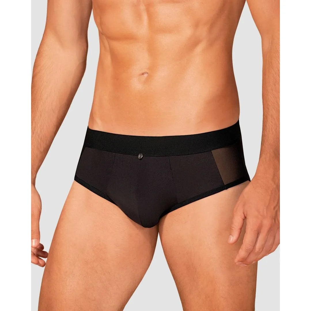 Slip homme noir Boldero, coupe classique, maille transparente, pendentif argent, élégant et confortable.