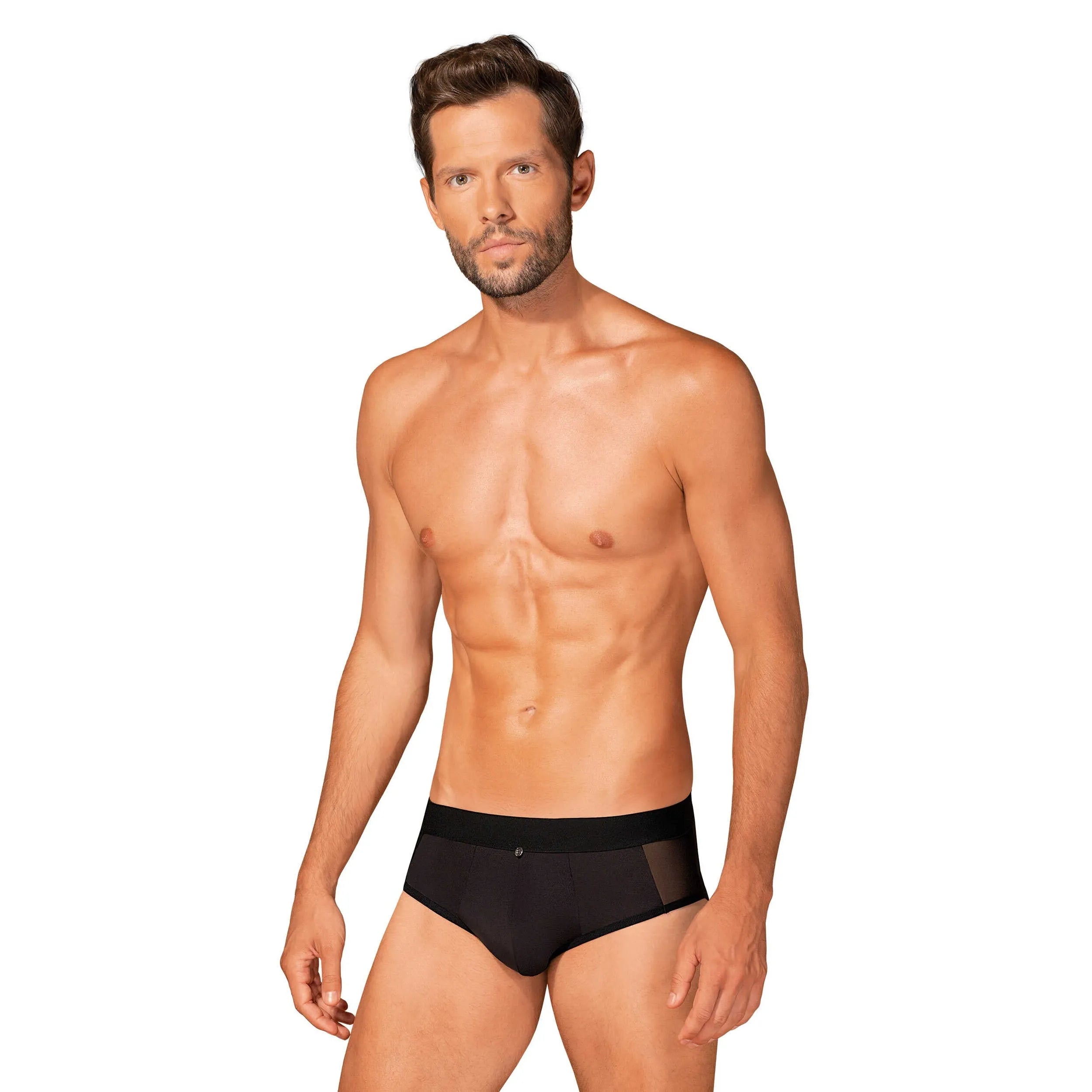 Slip homme noir Boldero, coupe classique, maille transparente, pendentif argent, élégant et confortable.
