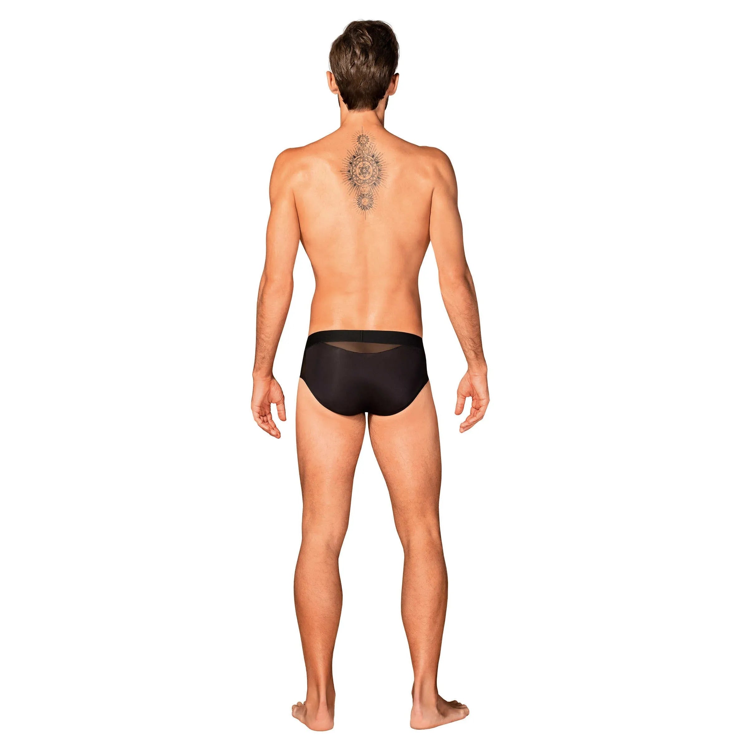 Slip homme Boldero noir, coupe classique, maille transparente, matière lisse, pendentif argent, élégant et confortable.