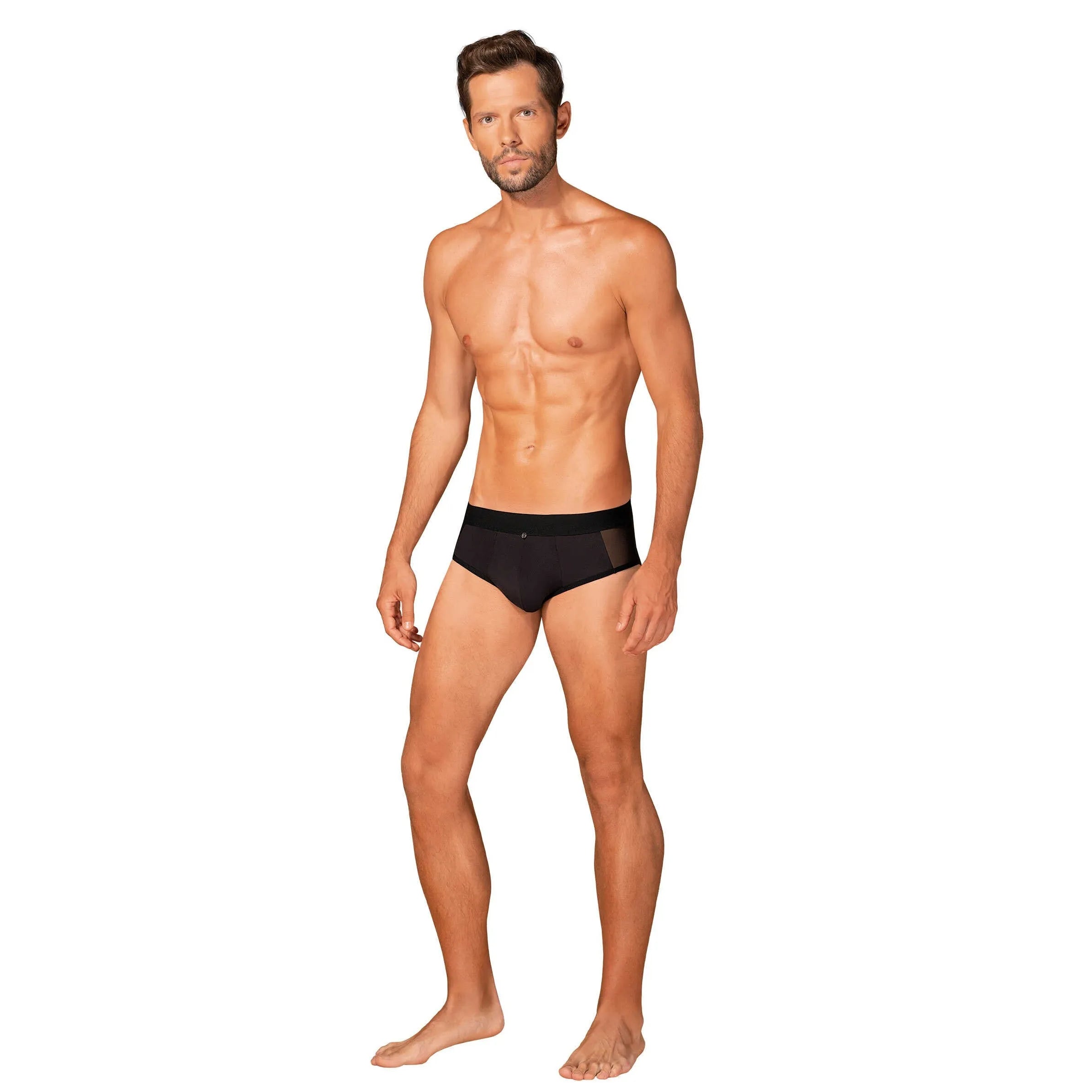 Slip homme noir Boldero, coupe classique, maille transparente, pendentif argent, élégant et confortable.