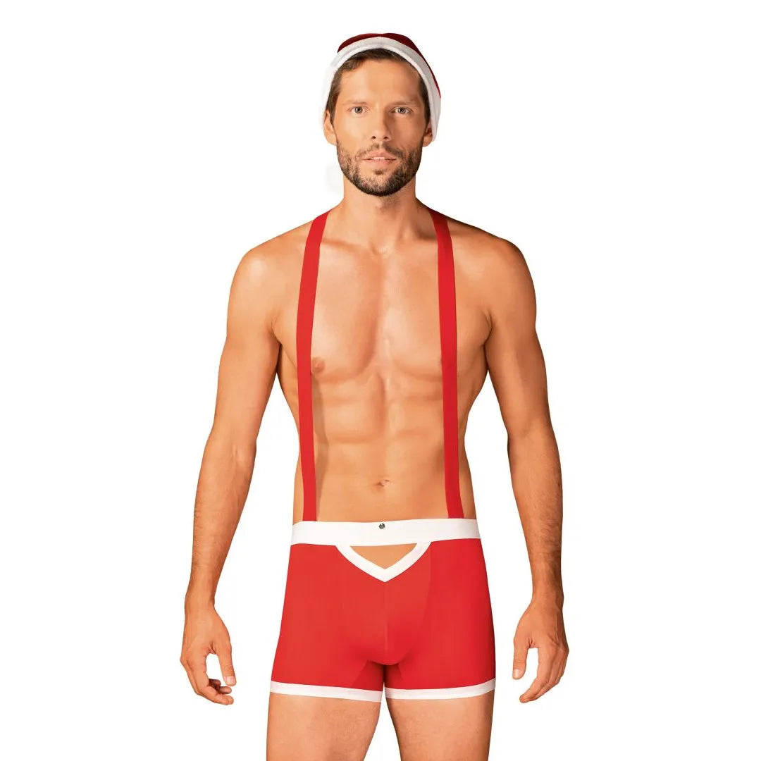 caleçon rouge père noël homme bretelles réglables bonnet pompon laçage ajusté découpe dos confortable séduisant festif élégant espiègle romantique