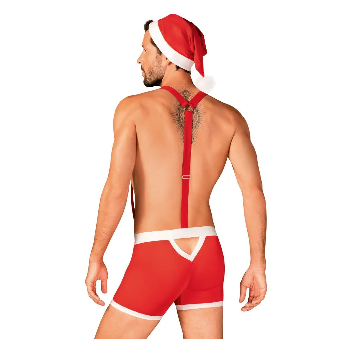Caleçon rouge festif homme avec bretelles réglables, bonnet pompon, laçage ajusté, découpe dos, style Noël élégant.