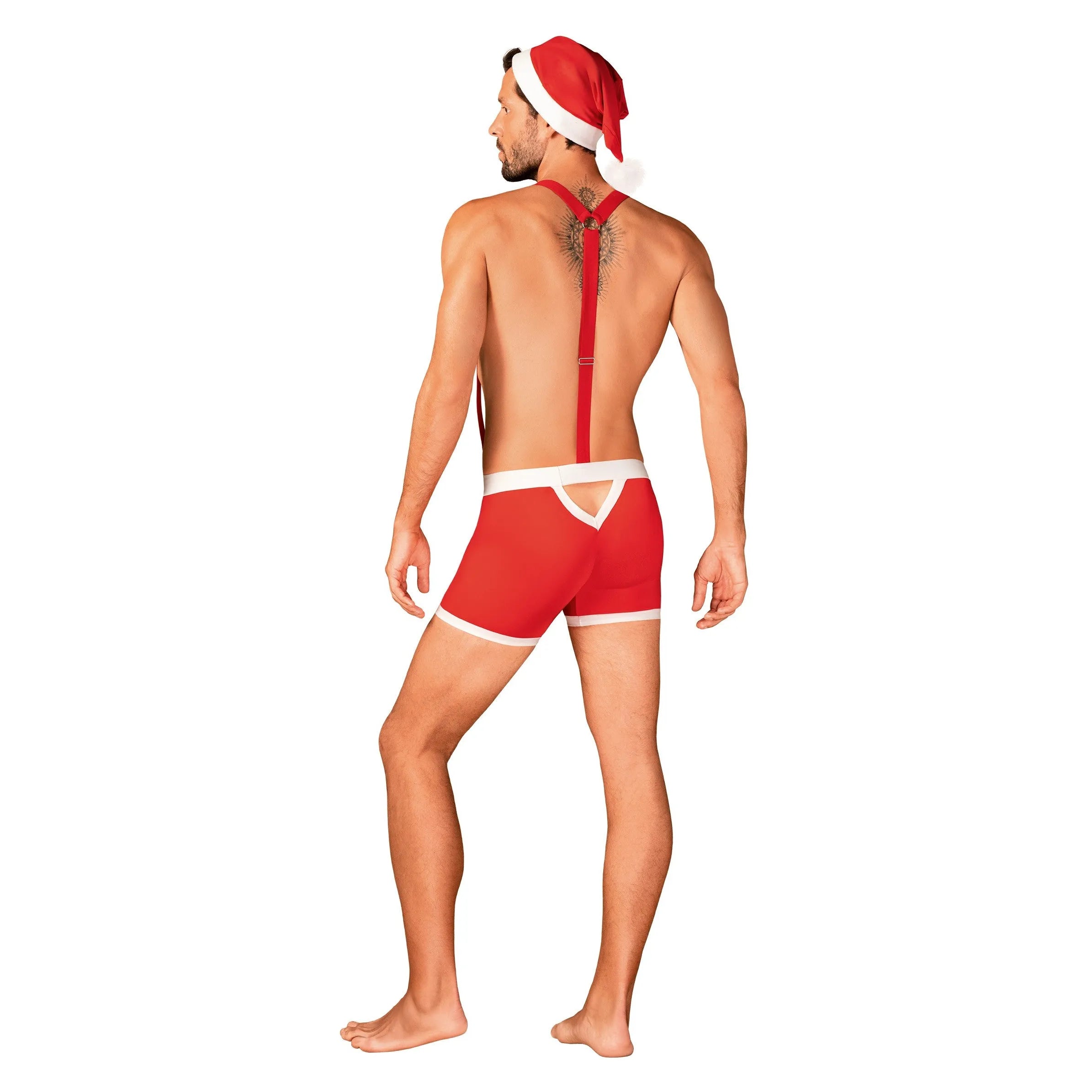 Caleçon rouge Noël homme, bretelles réglables, bonnet pompon, découpe dos, festif et séduisant.