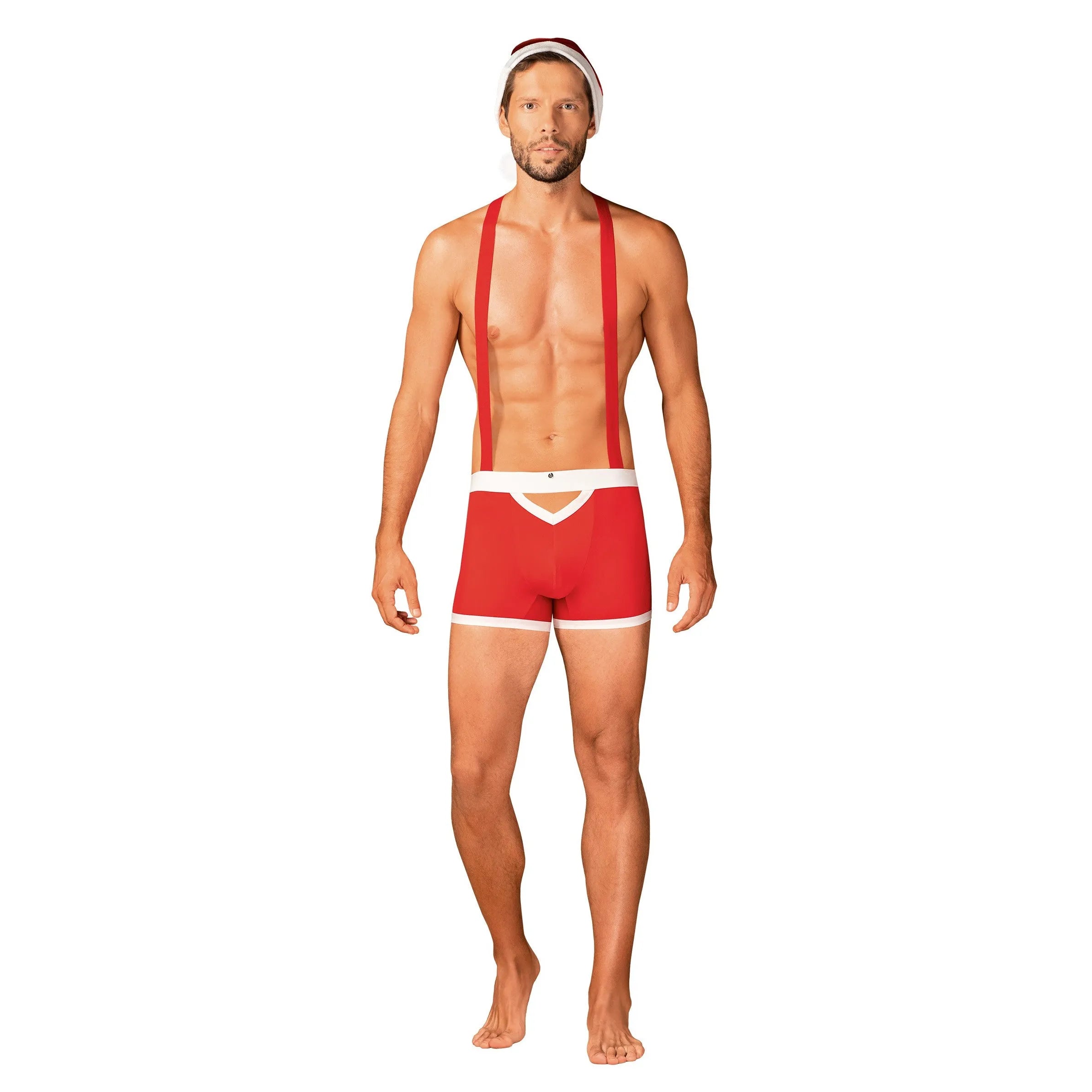 Caleçon rouge homme style Père Noël, bretelles réglables, bonnet pompon, découpe dos, festif et élégant.