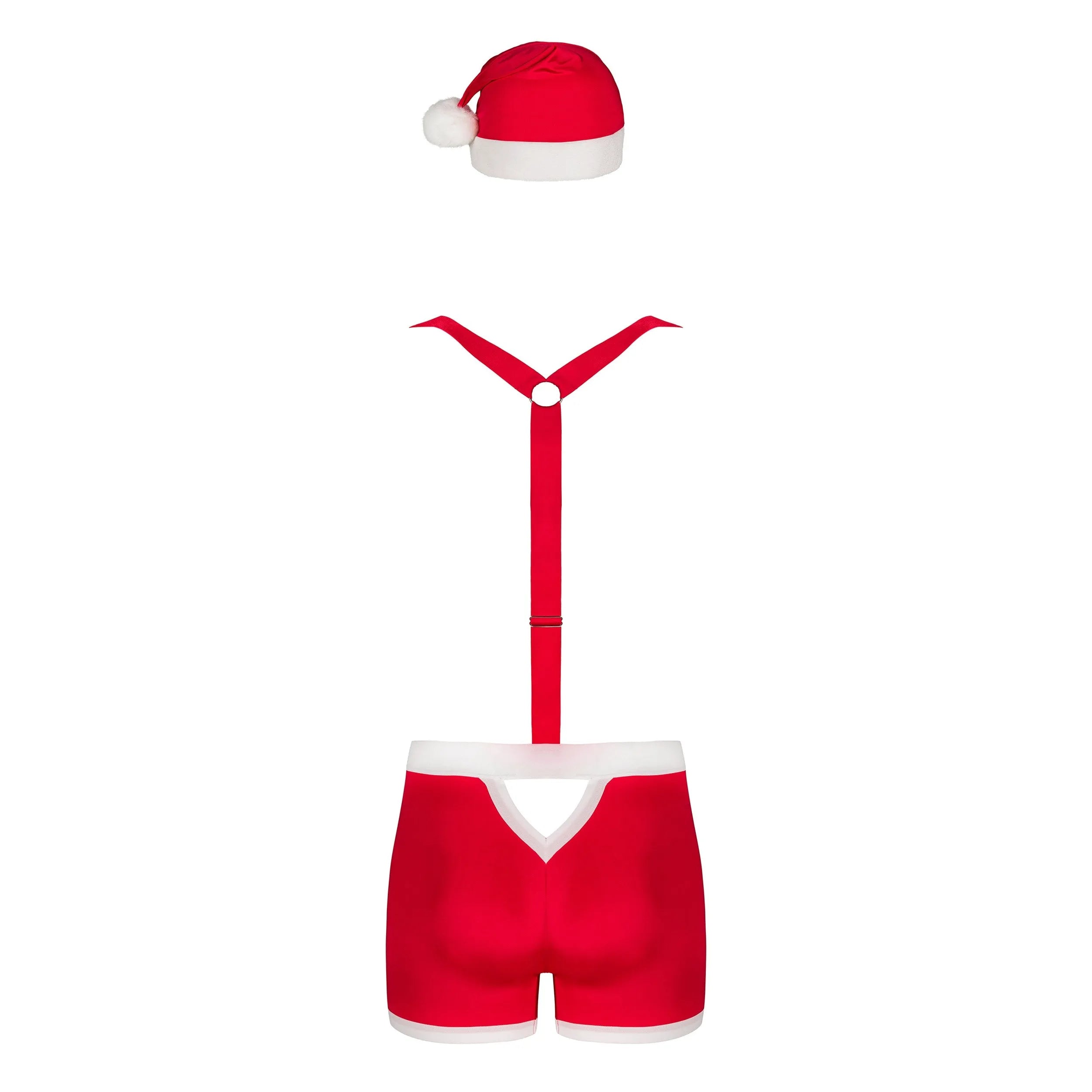 Caleçon rouge homme style Père Noël avec bretelles réglables, bonnet pompon, laçage ajusté, découpe dos, festif et élégant.