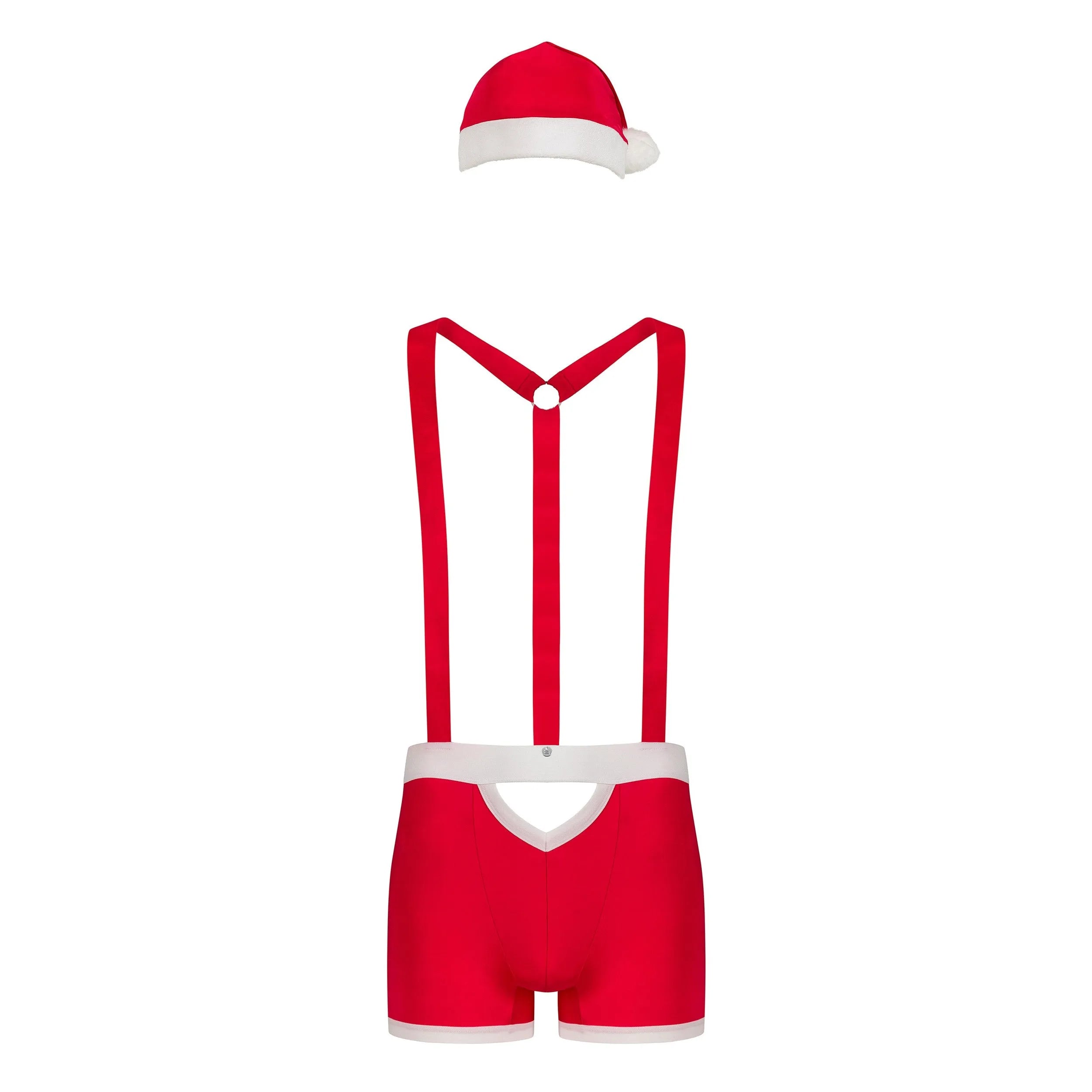 Caleçon rouge festif avec bretelles réglables, bonnet pompon, découpe dos, style Père Noël élégant et espiègle.