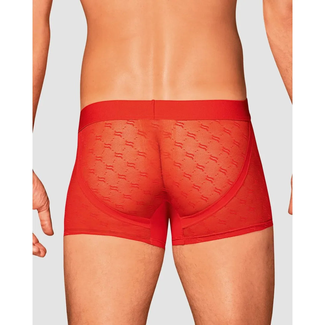 Caleçon homme rouge translucide, coupe moulante, logo monogramme, confort élasthanne, sensualité moderne et élégante.