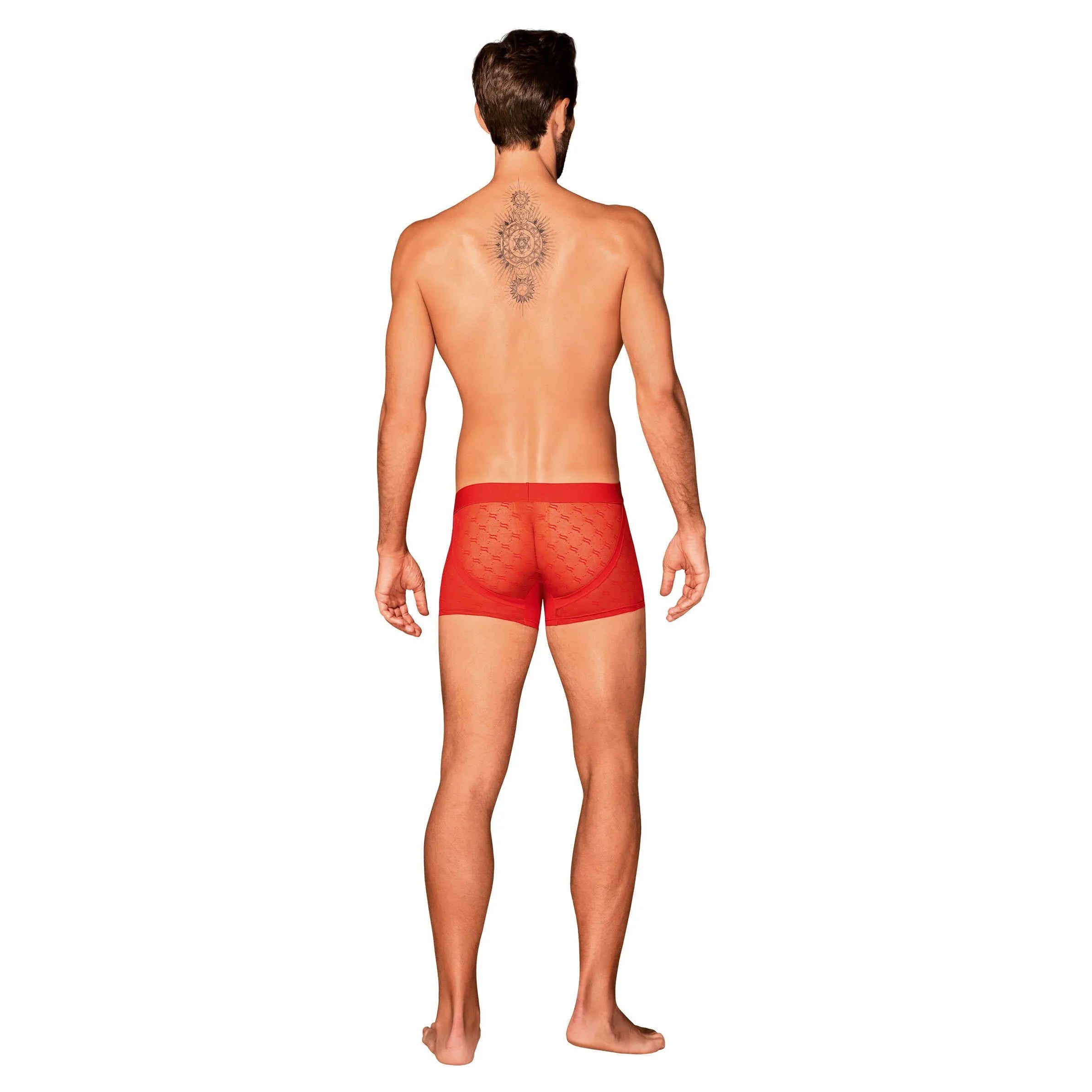 Caleçon homme rouge translucide moulant avec monogramme, élégant et séduisant, en polyamide élasthanne, confort moderne.