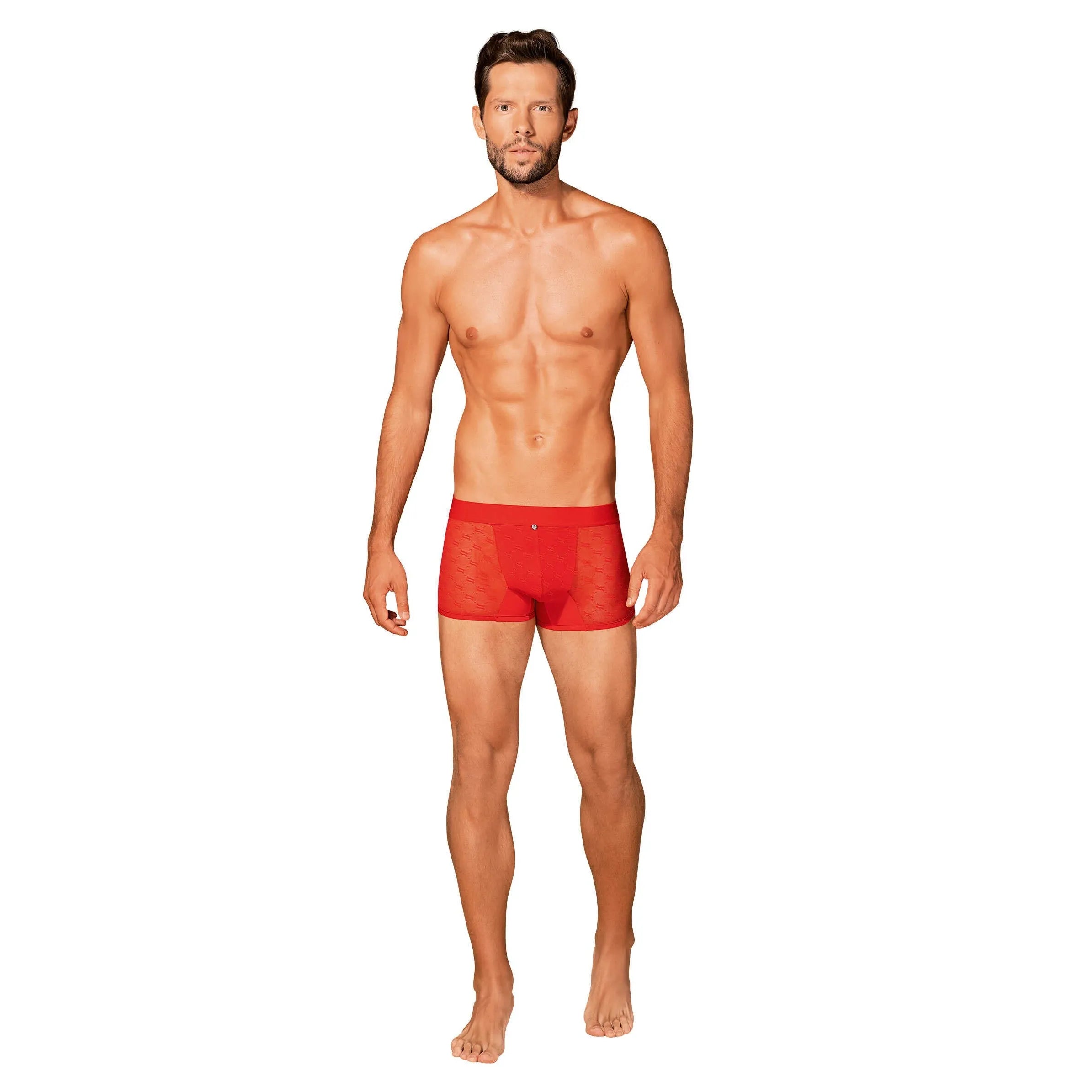 Caleçon homme rouge translucide, moulant, logo élégant, confort élasthanne, sensualité moderne, respirant et ajustable.