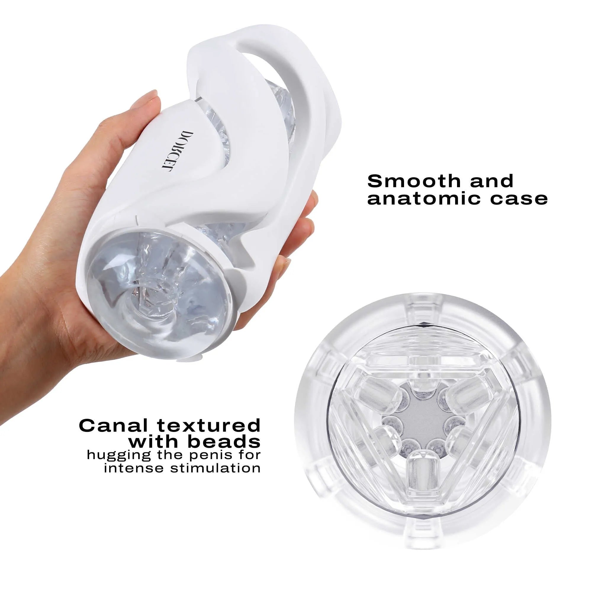 masturbateur manuel translucide futuriste interchangeable étanche noir blanc manches texturées variées boîtier ergonomique élégant ultradoux élastique démontable réutilisable