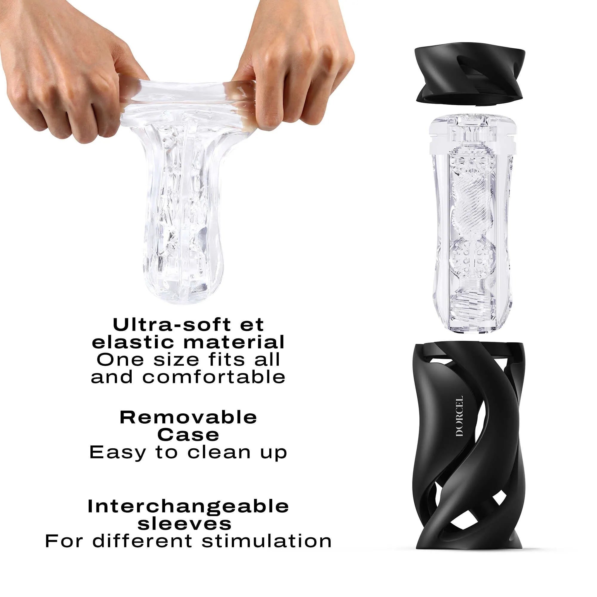 masturbateur manuel avantgardiste design blanc noir manches interchangeables boitier ergonomique lisse démontable ultraélastique translucide tailleunique nomade sensationsvariées esthétique raffiné