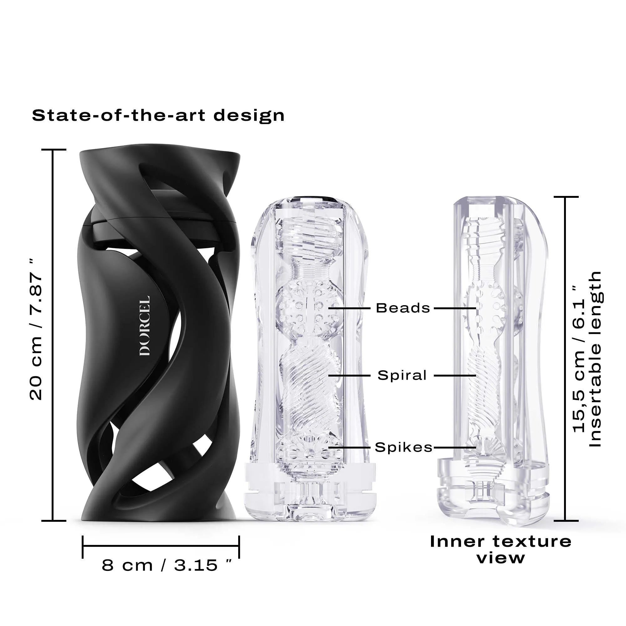 masturbateur manuel avantgardiste design blanc noir manches interchangeables boitier ergonomique lisse démontable ultraélastique translucide tailleunique nomade sensationsvariées esthétique raffiné
