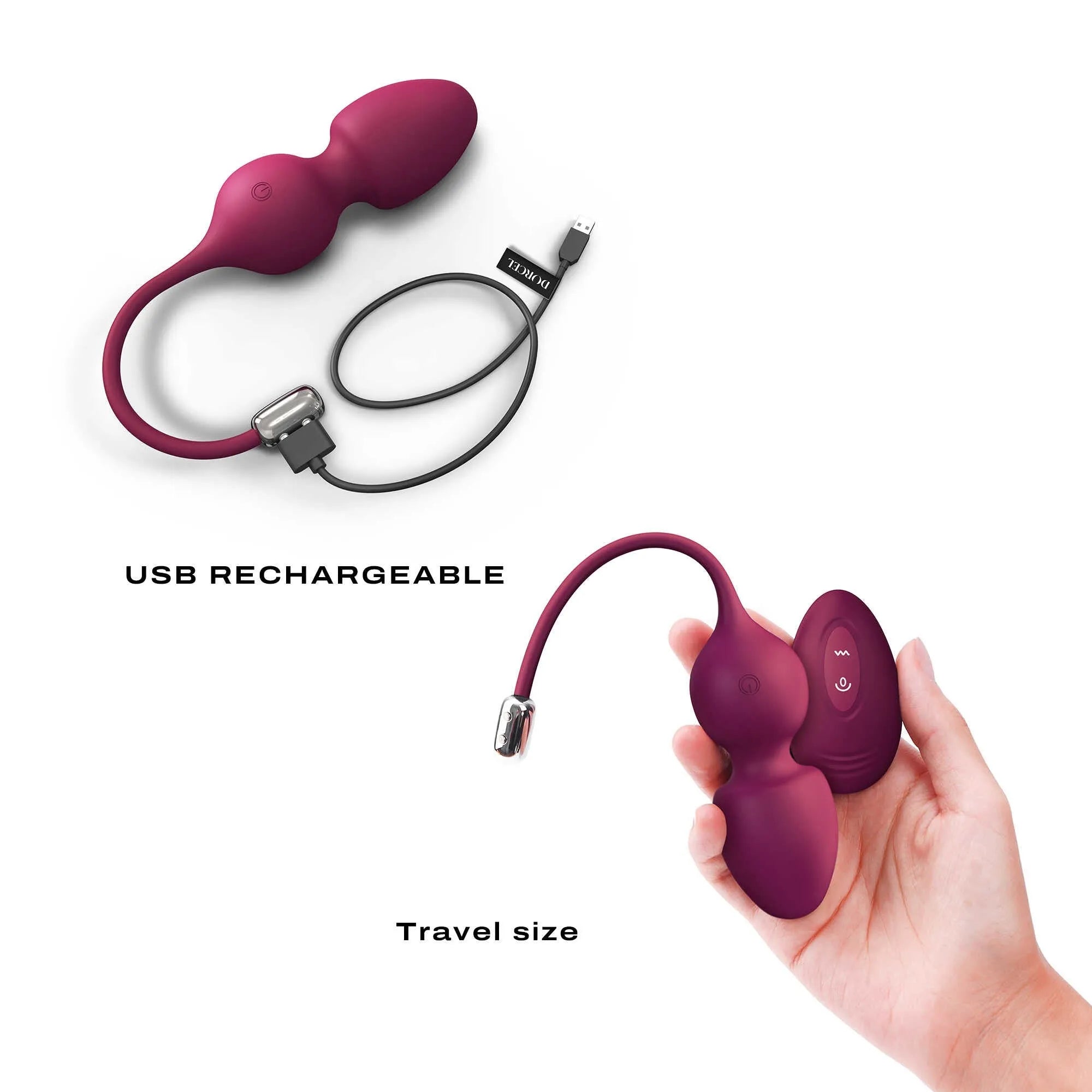 Boules geisha mauves télécommandées Dorcel, forme ergonomique, silicone, rechargeables, idéales pour exercices Kegel.