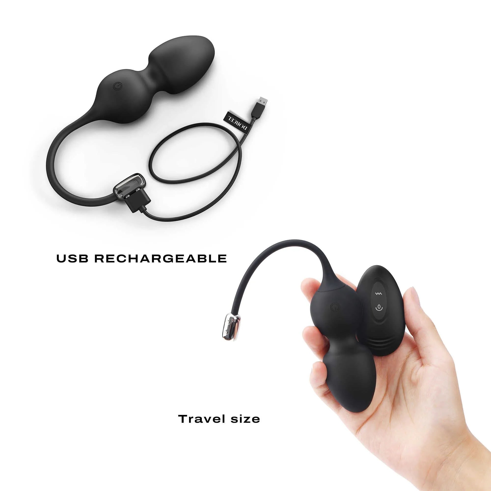 Boules Geisha noires télécommandées Dorcel, ergonomiques, rechargeables, avec câble USB et télécommande compacte.