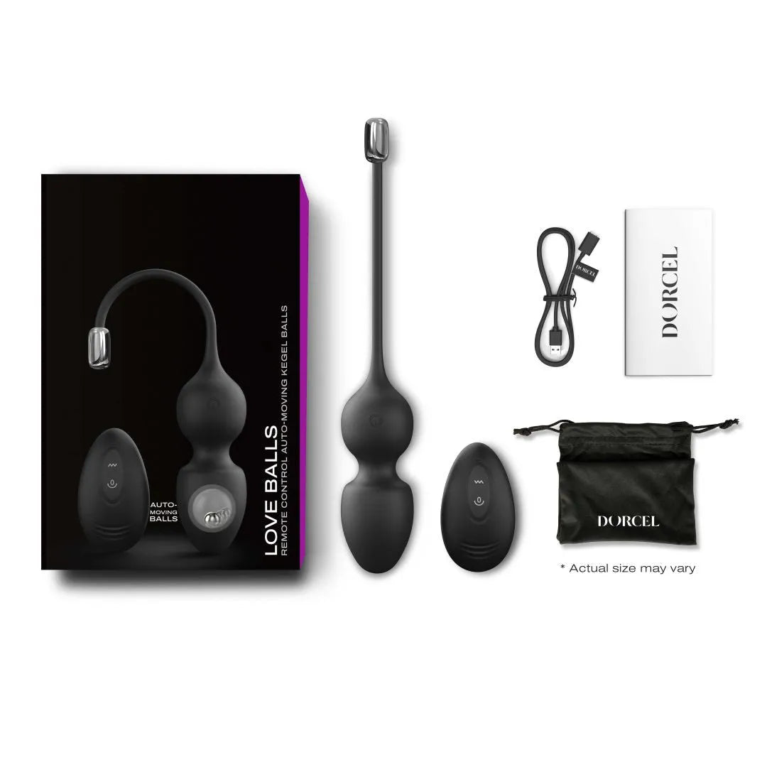 Boules Geisha noires Dorcel avec télécommande, câble USB, pochette et boîte, pour exercices Kegel et plaisir sensoriel.