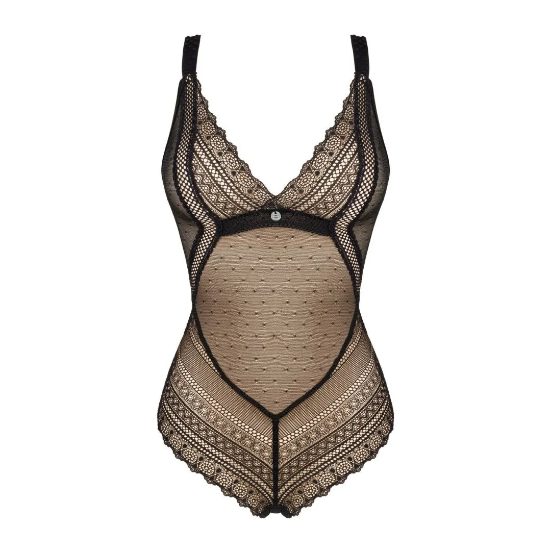 Body noir dentelle délicate, dos ouvert, bretelles réglables, translucide, moulant, élégant et sexy.