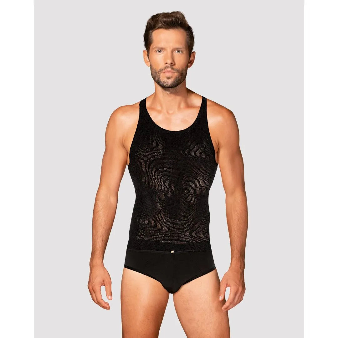 Débardeur homme noir ajusté, motifs géométriques, tricot souple, style moderne et élégant, idéal soirée ou détente.