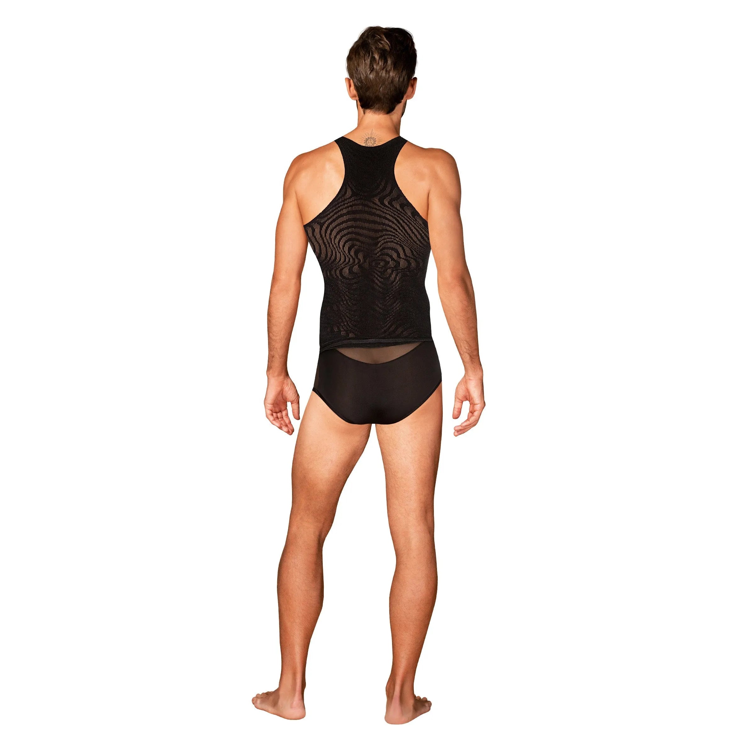 Débardeur homme noir motifs géométriques, ajusté, tricot souple, style moderne et élégant, idéal pour soirées et détente.