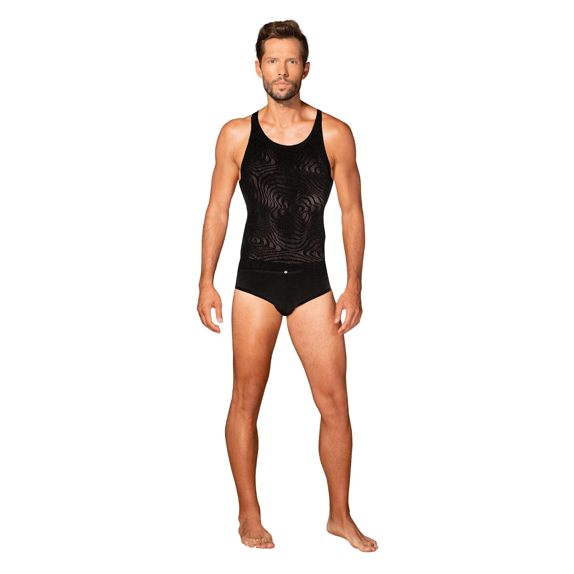 Débardeur homme noir ajusté motifs géométriques, tricot souple, style moderne et élégant, confort optimal.