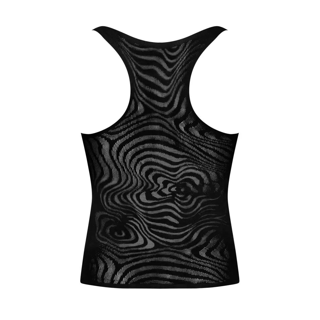 Débardeur homme noir motifs géométriques, tricot souple, ajusté, style moderne et élégant, idéal pour soirée et détente.
