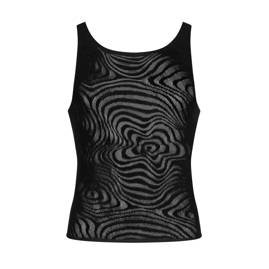 Débardeur homme noir motifs géométriques, ajusté, tricot souple, style moderne et élégant, idéal soirée ou détente.