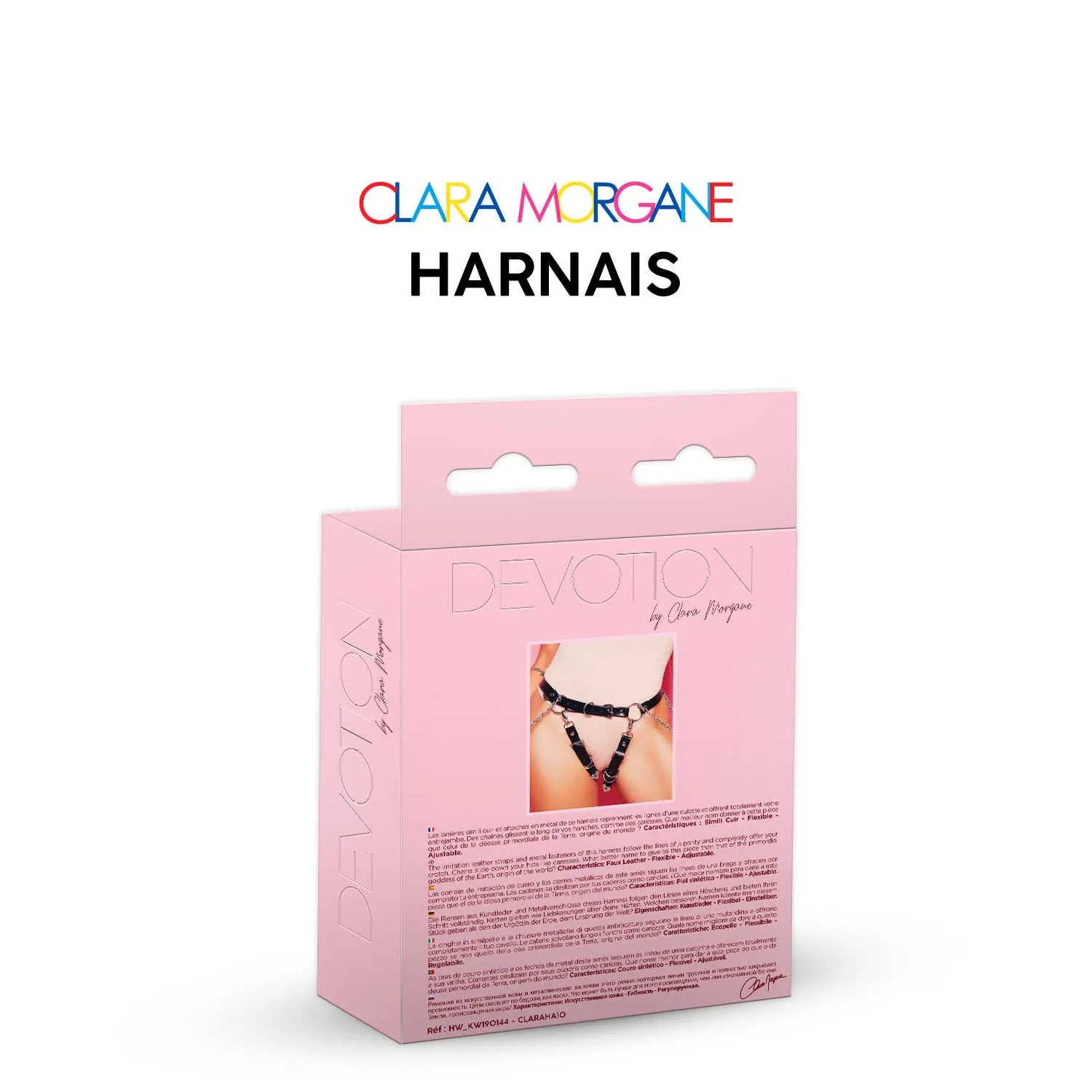 Harnais noir simili cuir et chaînes métal, design sensuel et ajustable, inspiré par Gaïa Clara Morgane, élégant et séduisant.
