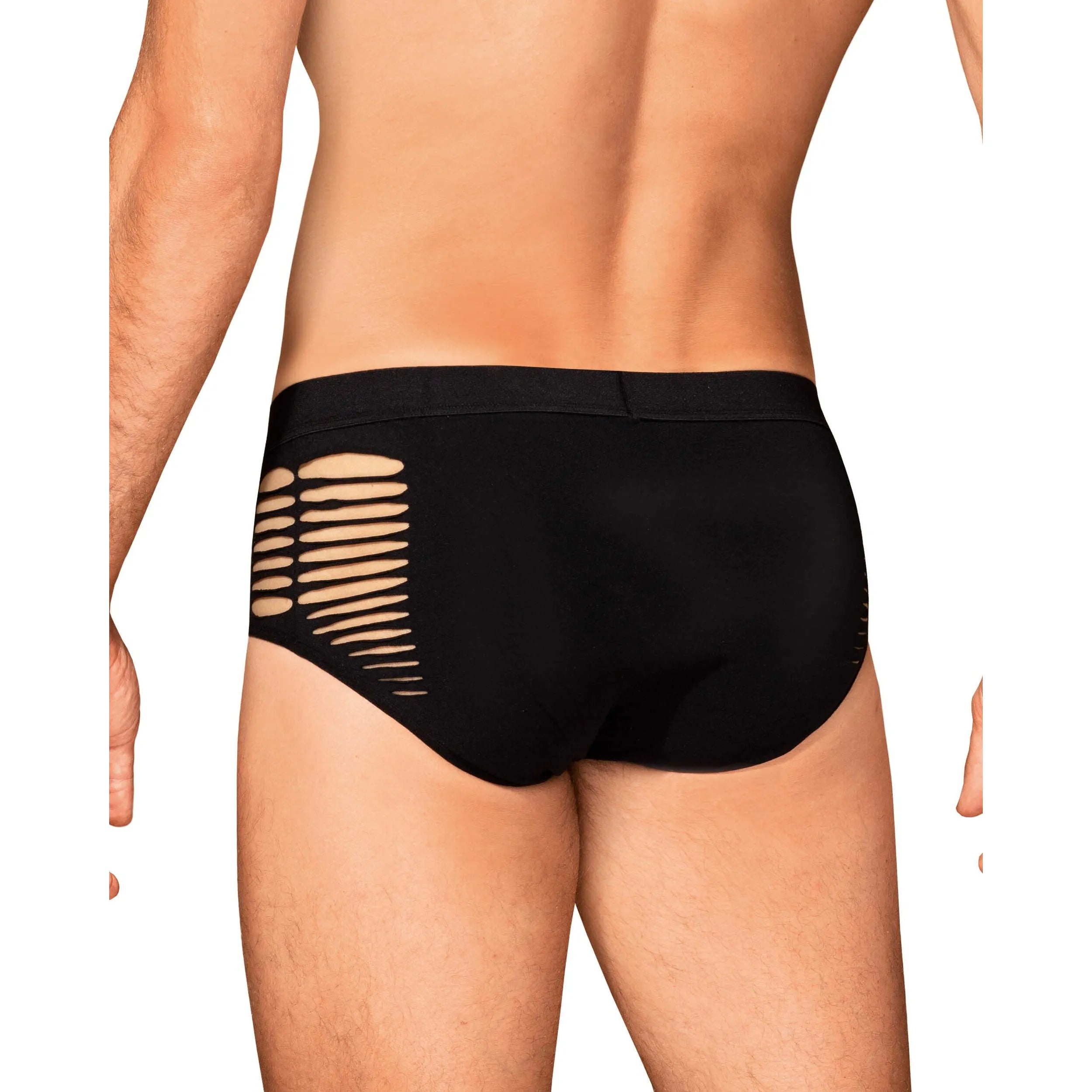 Culotte homme noire moderne avec découpes sexy, maille élastique, ajustée, confort total, silhouette sculptante.
